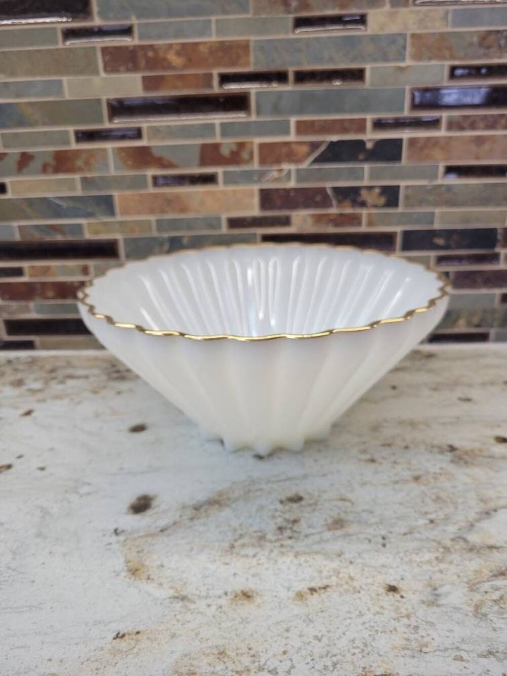 Vintage Anchor Hocking Fire King Milk Glass Scalloped Serving Bowl Gold Trim 11"
